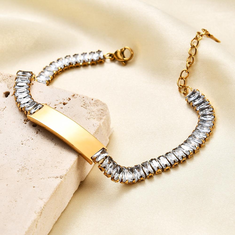 Custom Baguette Crystal Bracelet & Anklet, Personalized Laser Engraved Nameplate Jewelry (Customizable Name Engraving)