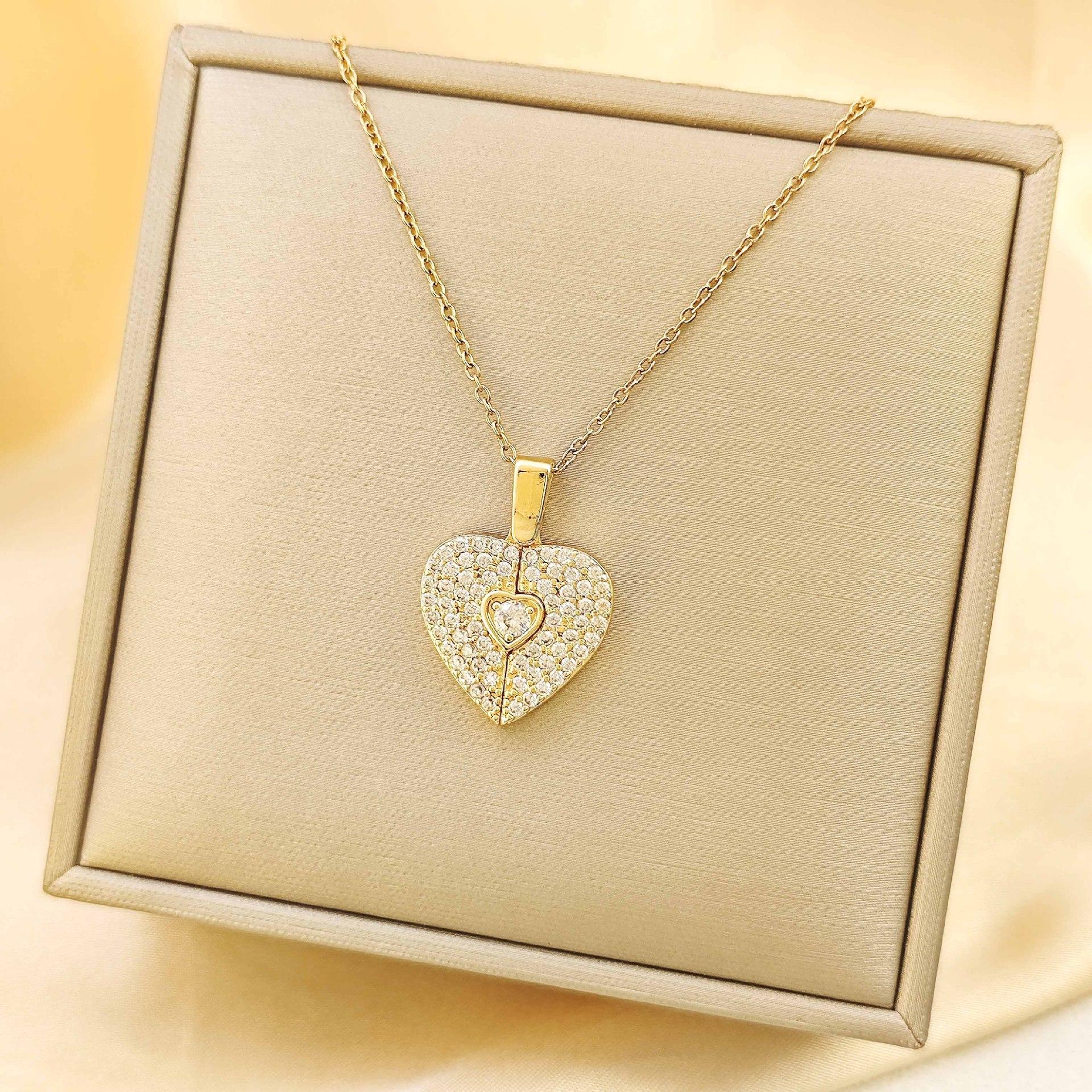 Custom Two - Piece Heart Crystal Necklace, Personalized Locket - Style Pendant for Lovers & Friends