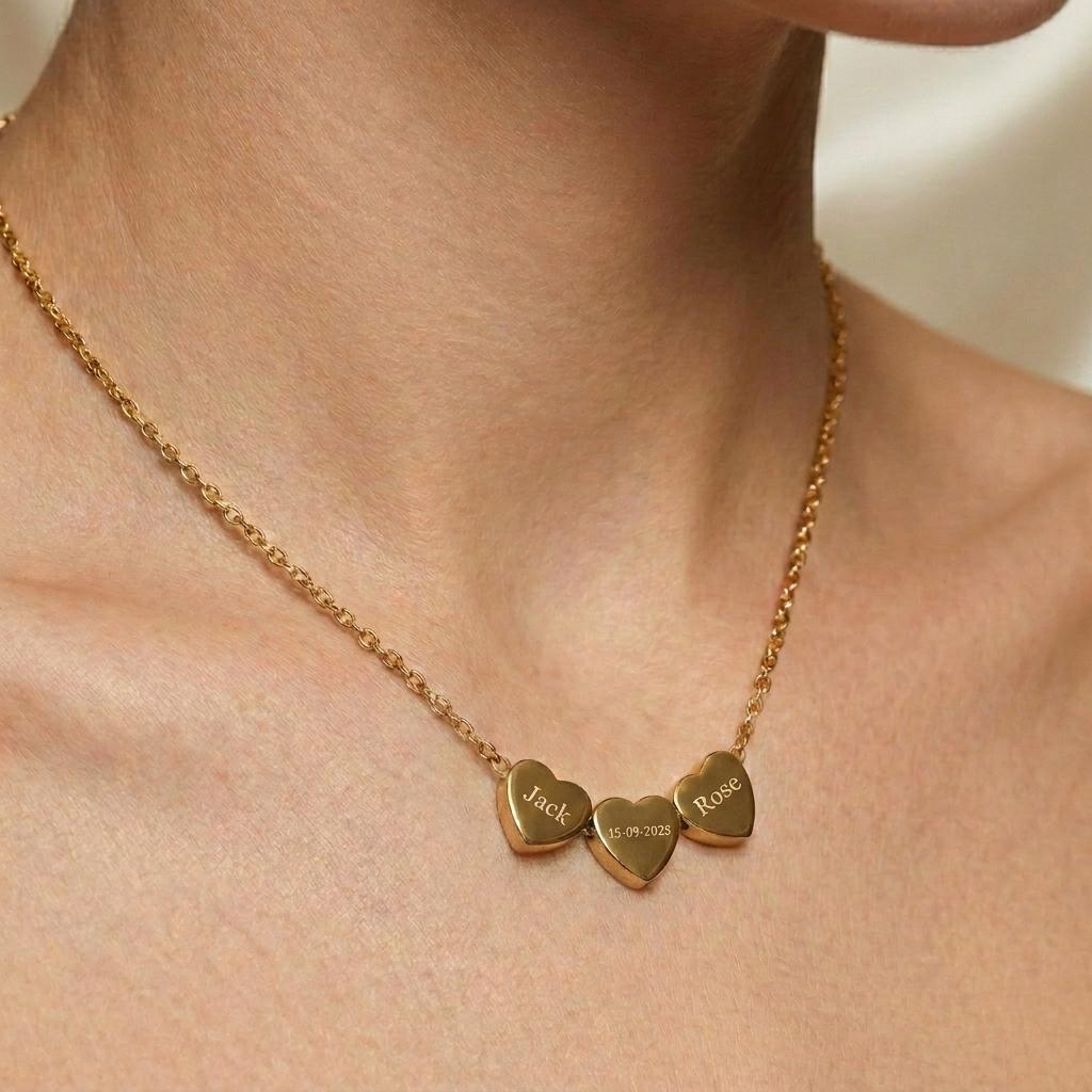 Custom Three Hearts Engraved Name Necklace ️