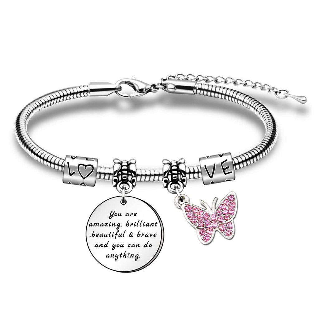 Custom Personalized Charm Bracelet, Engraved Pendant with Heart/Apple/Bee/Butterfly for Teacher & Inspirational Gift