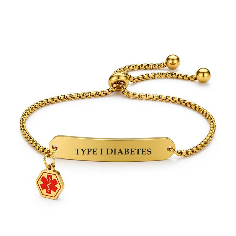 Custom Medical Alert Diabetes Bracelet, Personalized Type I/II Diabetes Adjustable Bolo Bracelet with Medical Symbol Charm