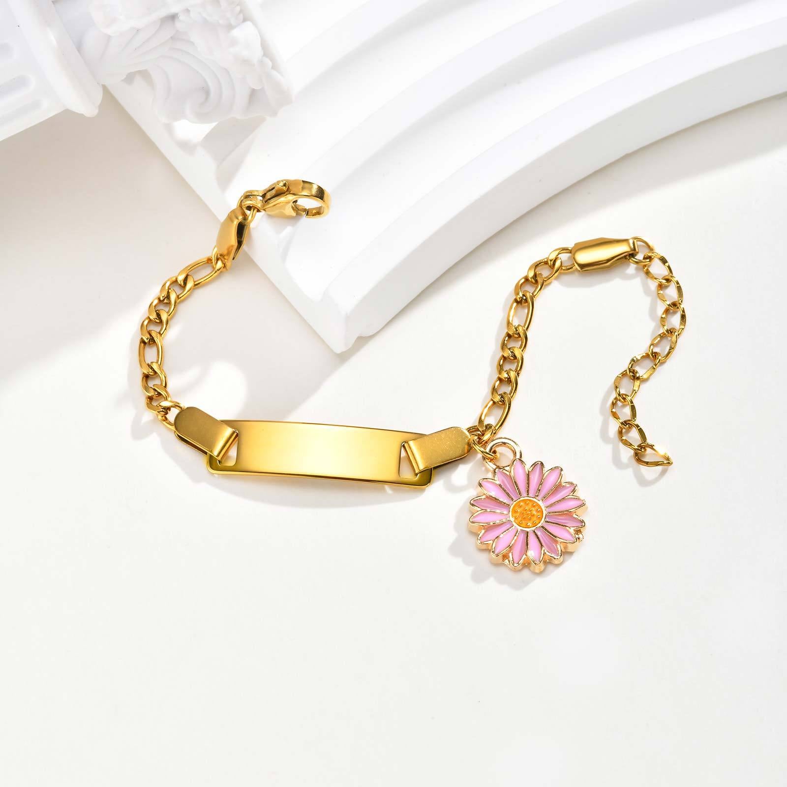 Custom Daisy Flower Charm Bracelet & Anklet, Personalized Laser Engraved Name Bar Jewelry for Women, Best Friend & Family