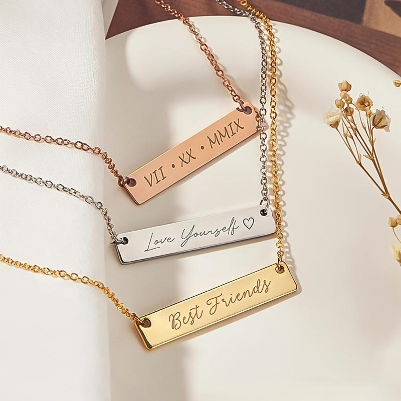 Custom Personalized Engraved Bar Pendant Necklace, Customizable with Names/Dates/Roman Numerals for Loved Ones & Friends
