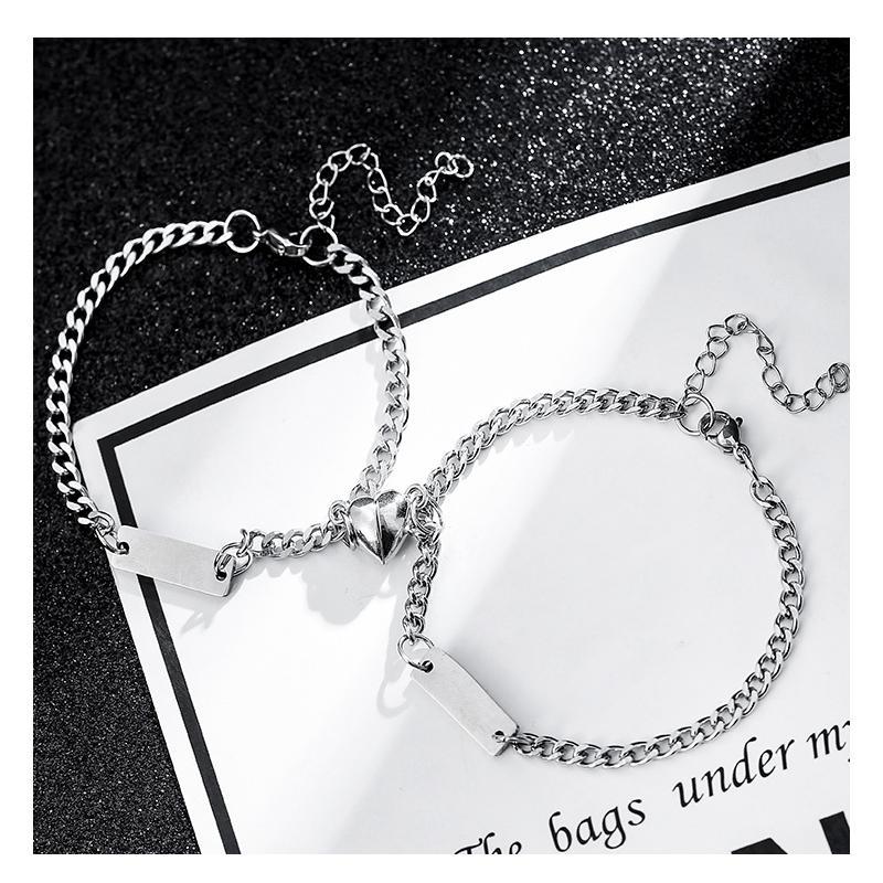 Custom Magnetic Heart Bar Bracelet Set, Personalized Laser Engraved Name Bracelets for Couple & Best Friend