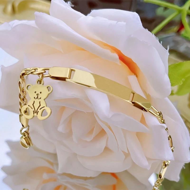Custom Kids Teddy Bear Bracelet | Personalized Engraved Name Gold Bracelet for Toddlers & Children