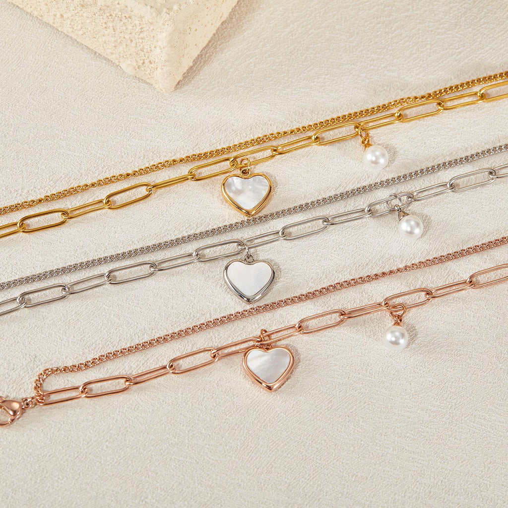 Custom Heart & Pearl Double Layer Chain Bracelet/Anklet, Personalized Laser Engraved Name Jewelry
