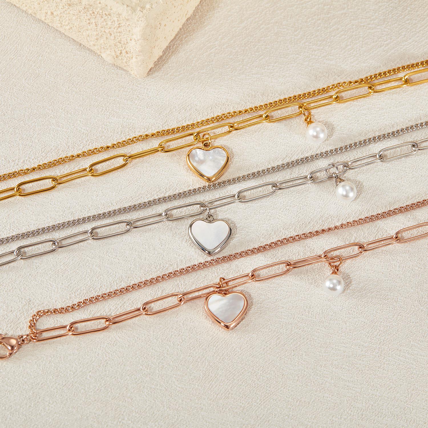Custom Heart & Pearl Double Layer Chain Bracelet/Anklet, Personalized Laser Engraved Name Jewelry