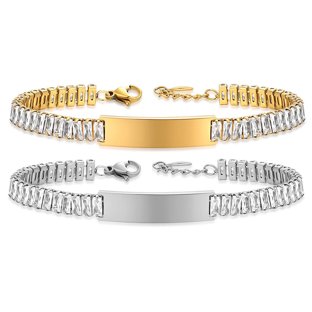 Custom Baguette Crystal Bracelet & Anklet, Personalized Laser Engraved Nameplate Jewelry (Customizable Name Engraving)