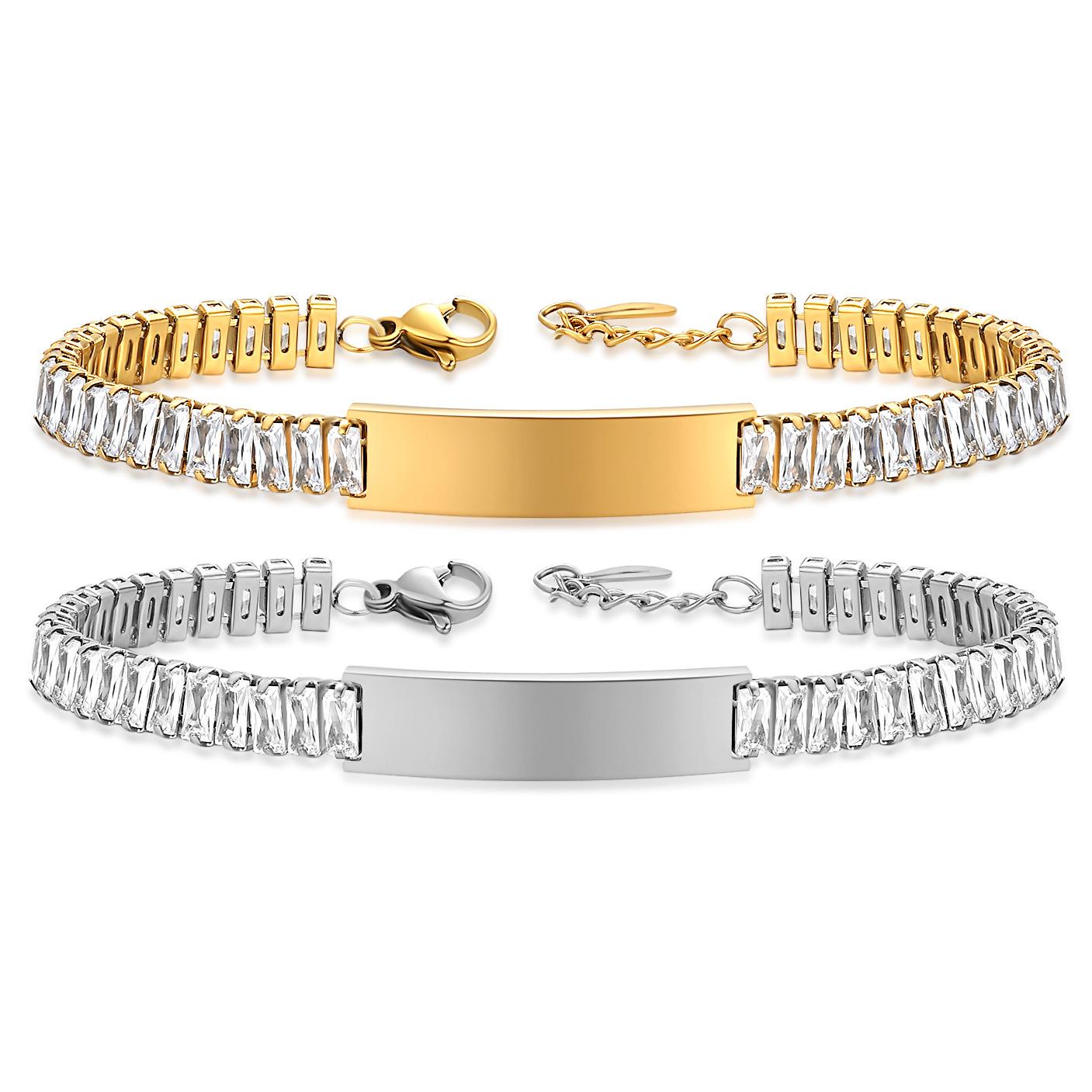 Custom Baguette Crystal Bracelet & Anklet, Personalized Laser Engraved Nameplate Jewelry (Customizable Name Engraving)