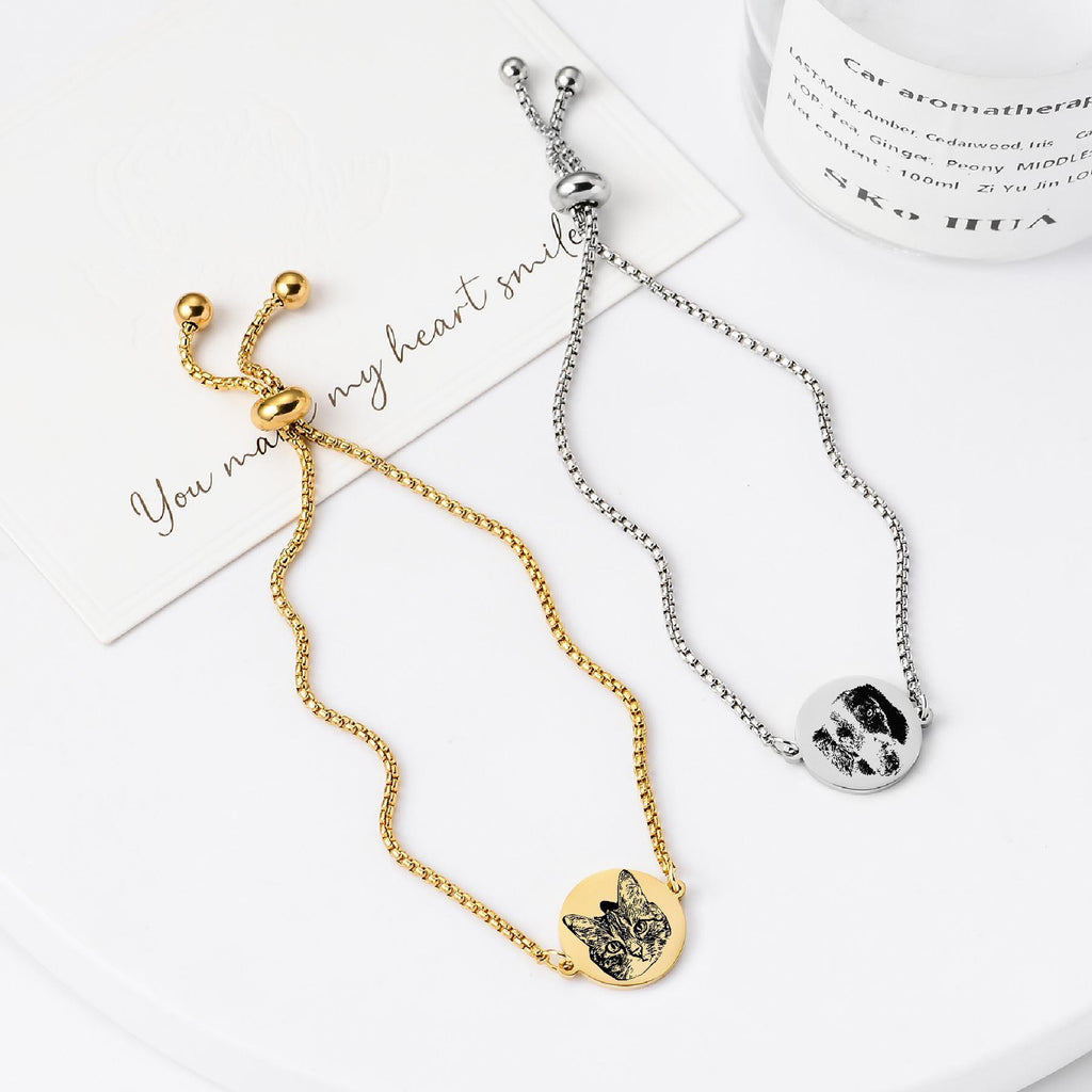 Custom Pet Portrait Engraved Slider Bracelet, Personalized Laser Engraved Name Bracelet for Pet Lovers