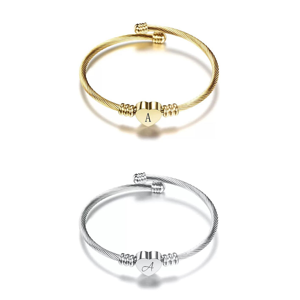 Custom Heart Cable Bangle Bracelet, Personalized Laser Engraved Name/Initials Jewelry for Women, Best Friend & Family