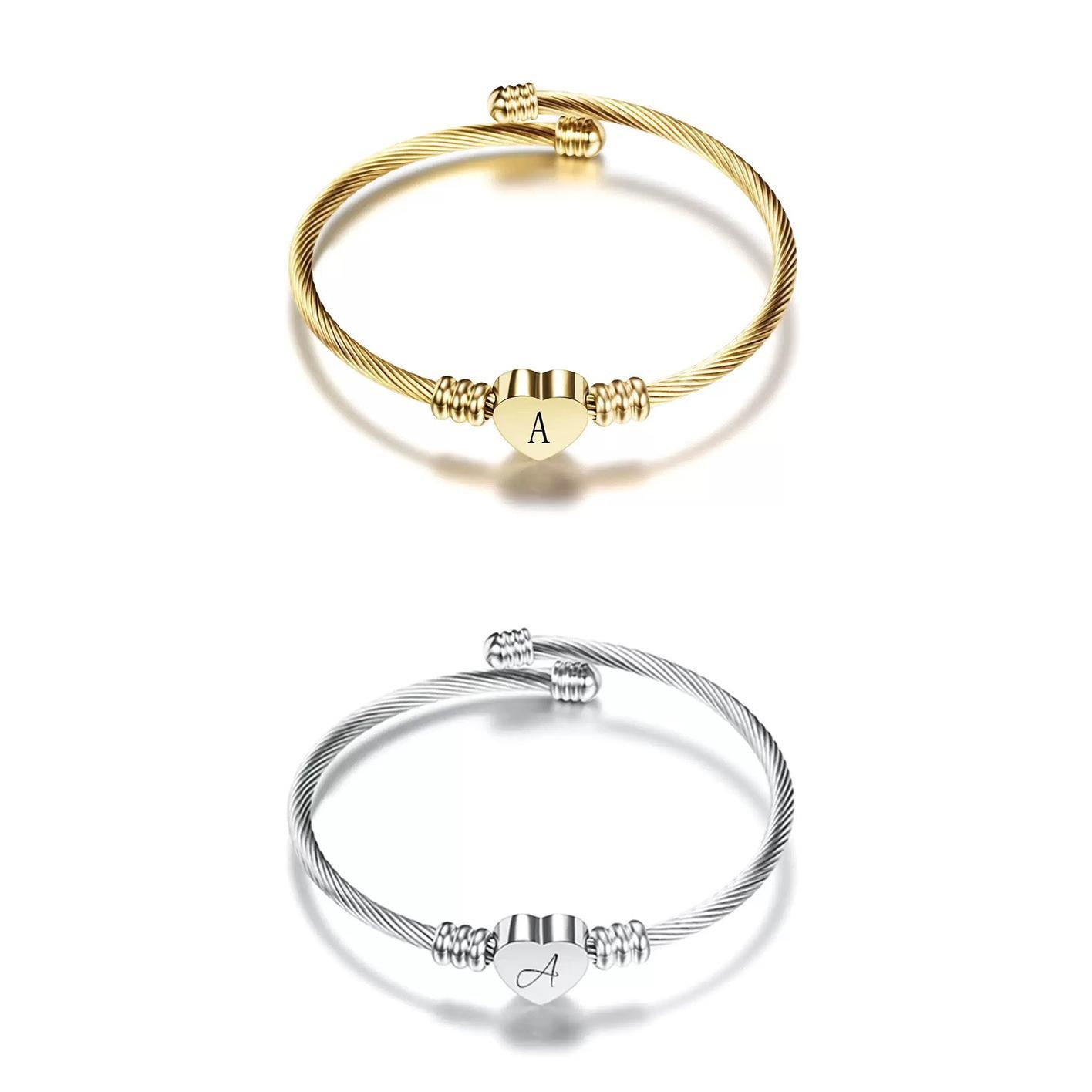 Custom Heart Cable Bangle Bracelet, Personalized Laser Engraved Name/Initials Jewelry for Women, Best Friend & Family