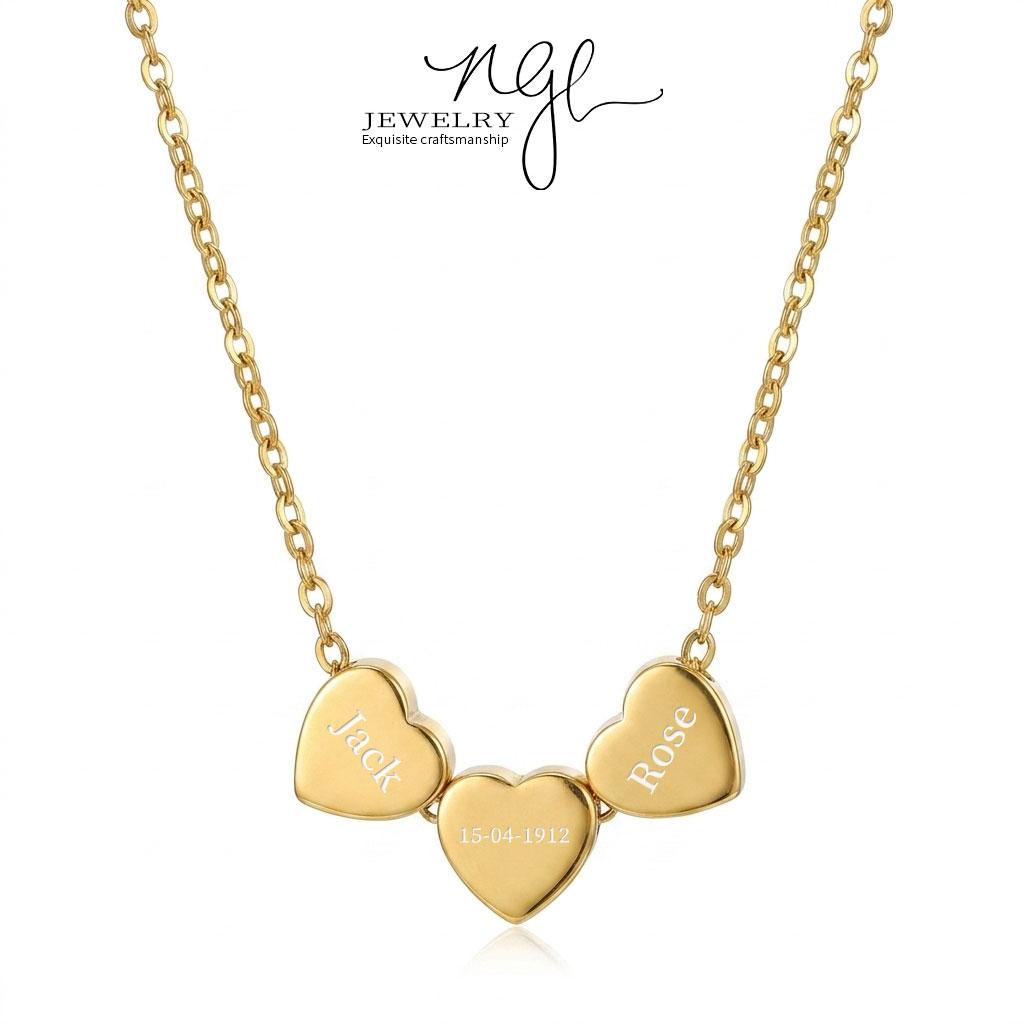 Custom Three Hearts Engraved Name Necklace ️