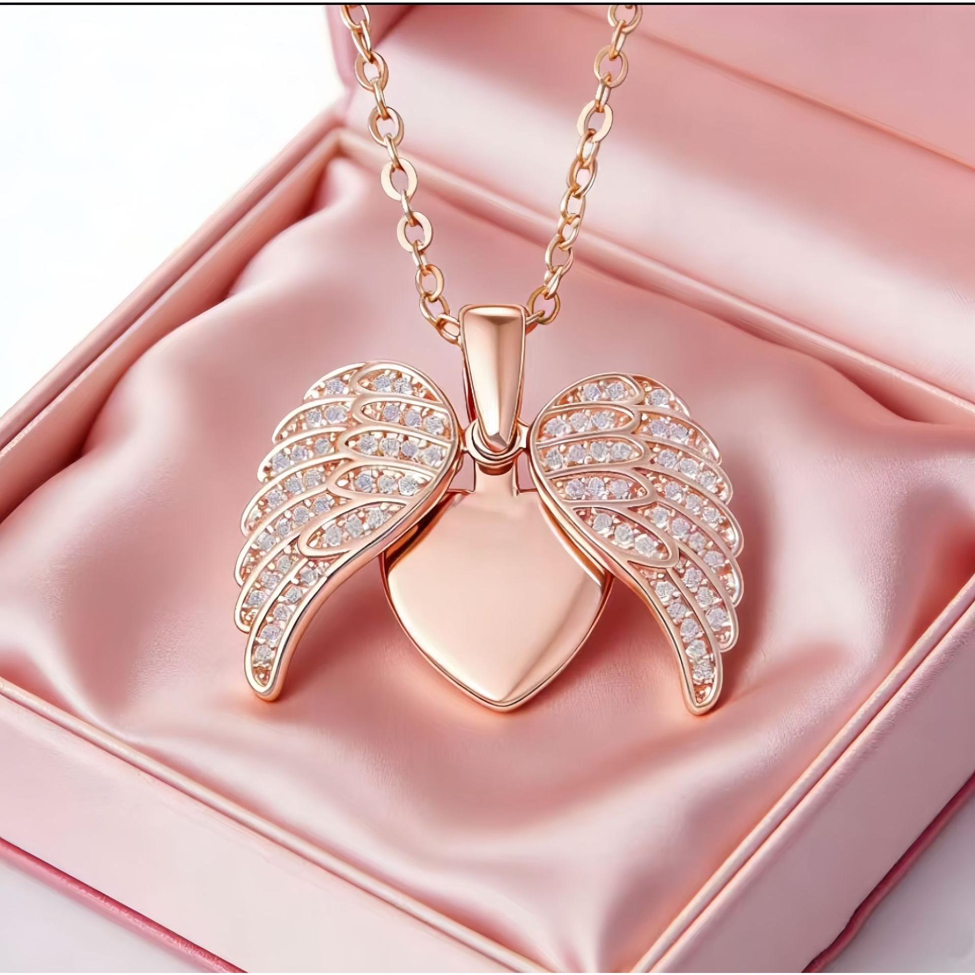 Custom Angel Wings Heart Locket Necklace, Personalized Laser Engraved Pendant for Family & Memorial Gift