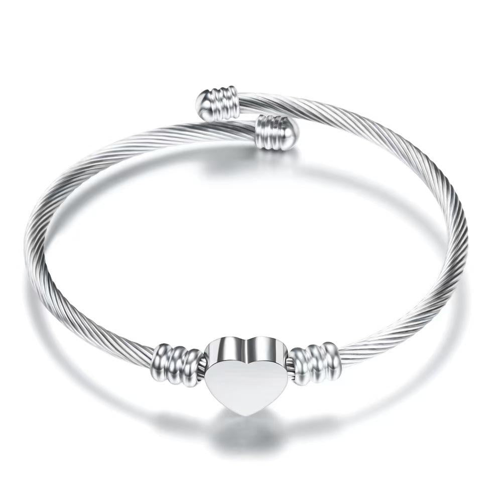 Custom Heart Cable Bangle Bracelet, Personalized Laser Engraved Name/Initials Jewelry for Women, Best Friend & Family