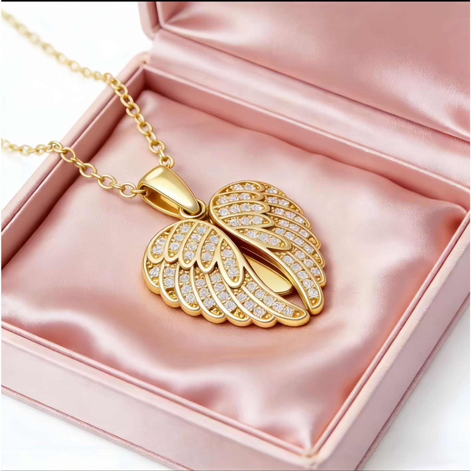 Custom Angel Wings Heart Locket Necklace, Personalized Laser Engraved Pendant for Family & Memorial Gift