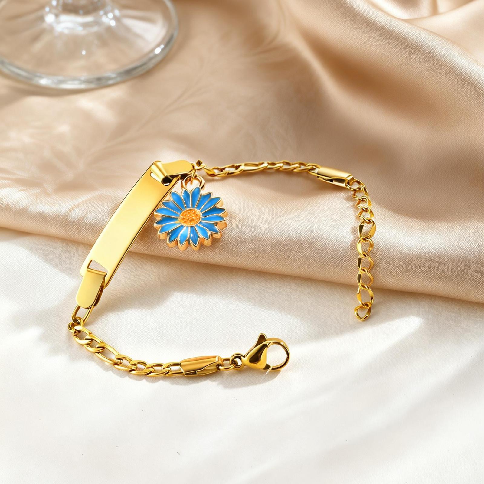 Custom Daisy Flower Charm Bracelet & Anklet, Personalized Laser Engraved Name Bar Jewelry for Women, Best Friend & Family