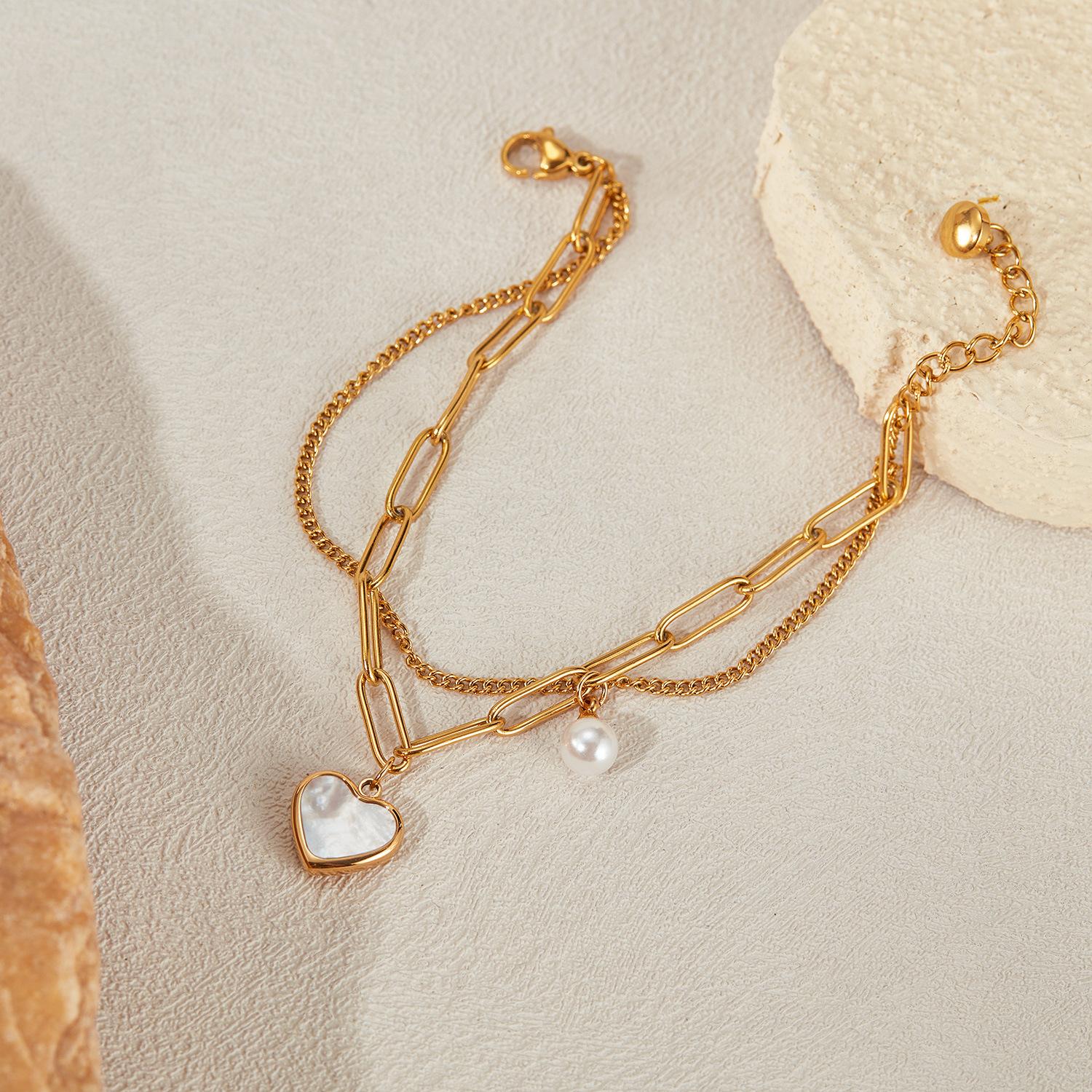 Custom Heart & Pearl Double Layer Chain Bracelet/Anklet, Personalized Laser Engraved Name Jewelry