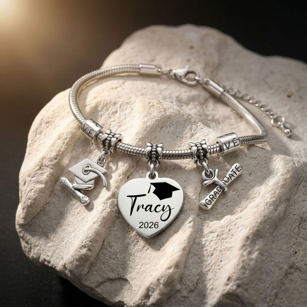 Custom Graduation Heart Charm Bracelet with Cap & Diploma Charms, Personalized Laser Engraved Name for Graduates