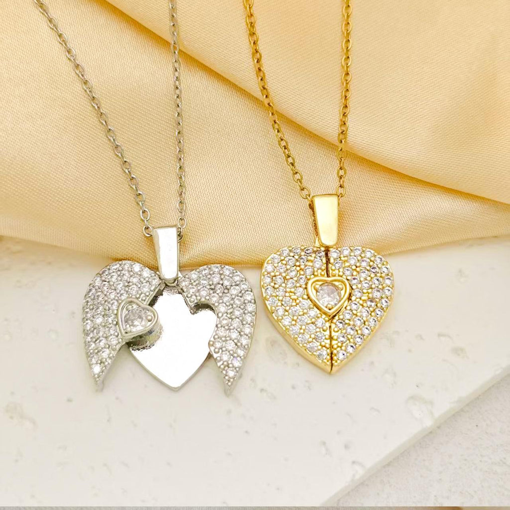 Custom Two - Piece Heart Crystal Necklace, Personalized Locket - Style Pendant for Lovers & Friends