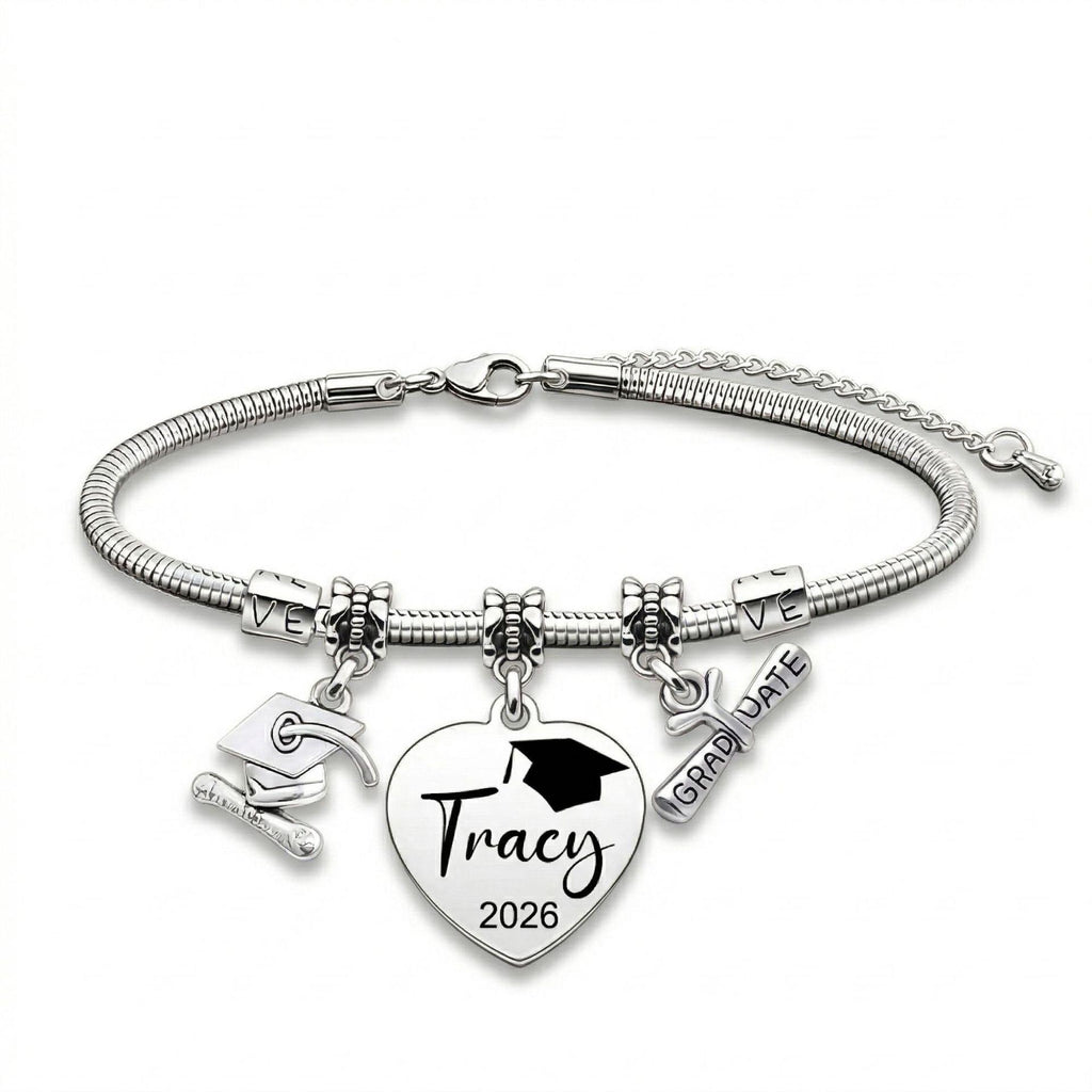 Custom Graduation Heart Charm Bracelet with Cap & Diploma Charms, Personalized Laser Engraved Name for Graduates