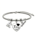 Custom Graduation Heart Charm Bracelet with Cap & Diploma Charms, Personalized Laser Engraved Name for Graduates