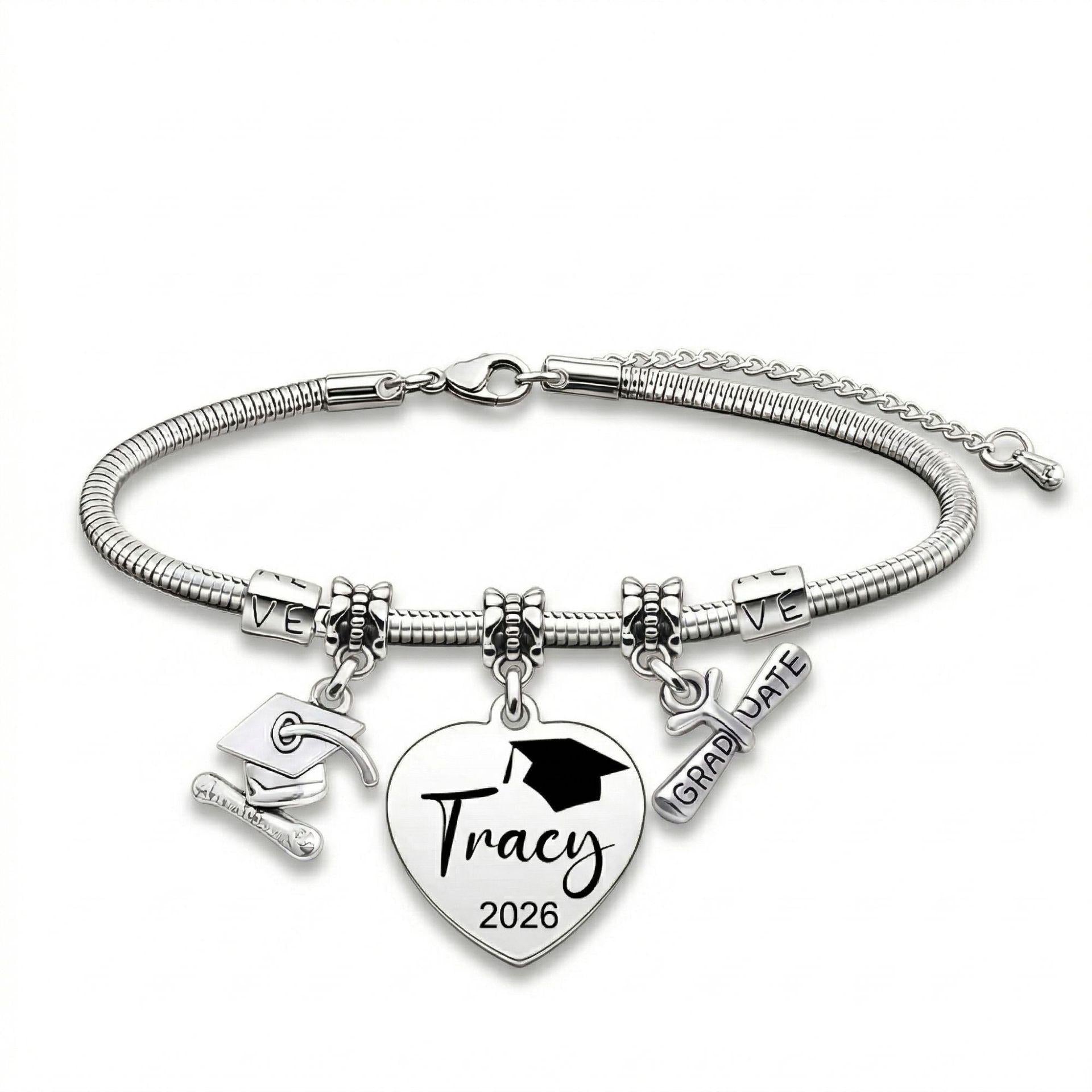 Custom Graduation Heart Charm Bracelet with Cap & Diploma Charms, Personalized Laser Engraved Name for Graduates