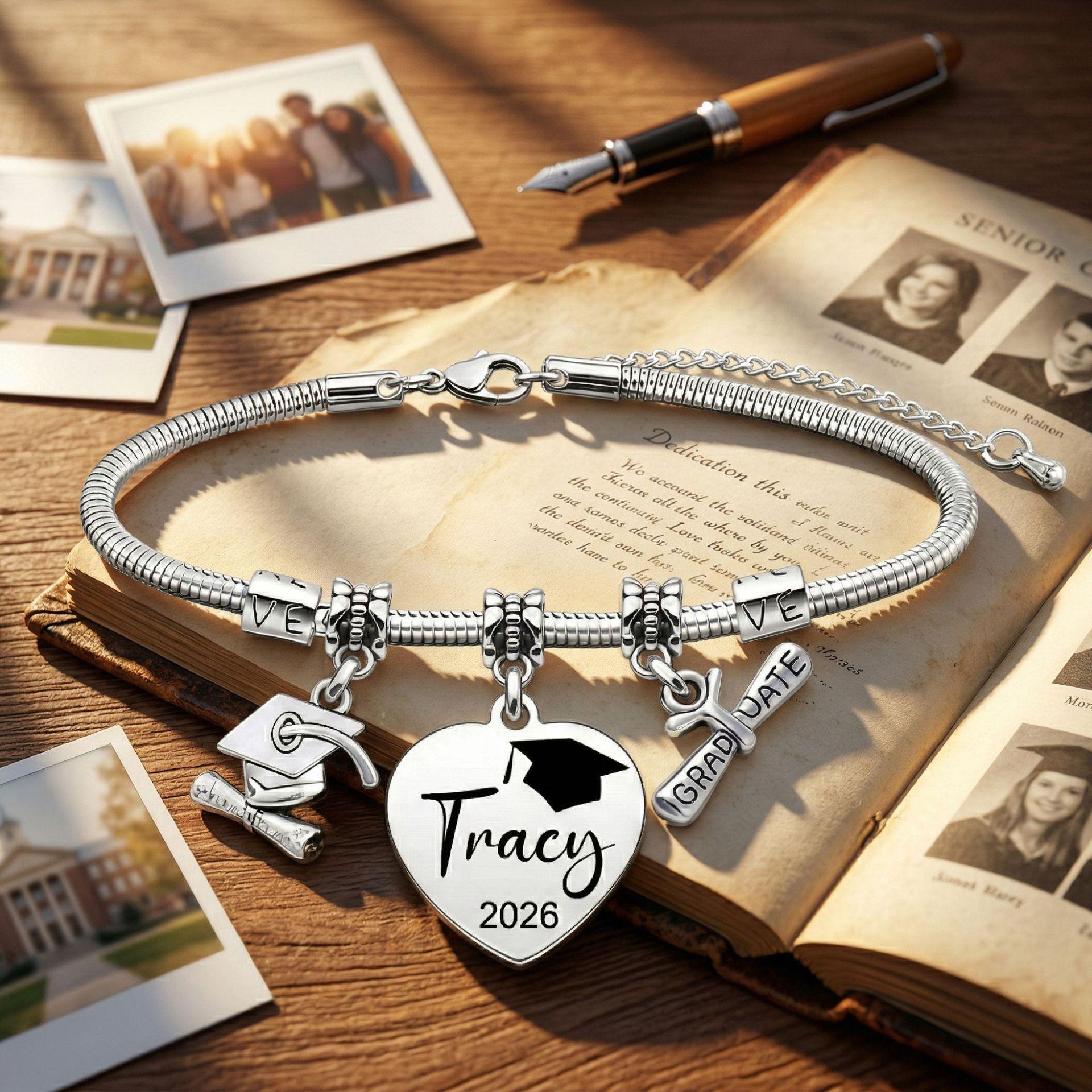 Custom Graduation Heart Charm Bracelet with Cap & Diploma Charms, Personalized Laser Engraved Name for Graduates
