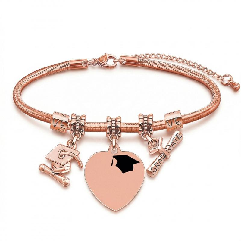 Custom Graduation Heart Charm Bracelet with Cap & Diploma Charms, Personalized Laser Engraved Name for Graduates