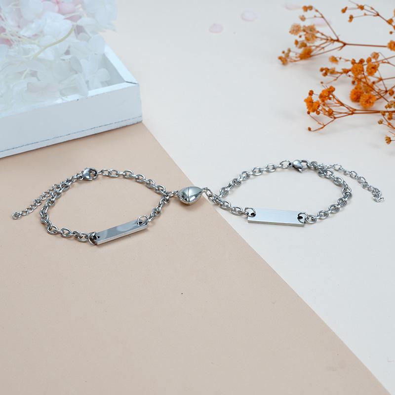 Custom Magnetic Heart Bar Bracelet Set, Personalized Laser Engraved Name Bracelets for Couple & Best Friend