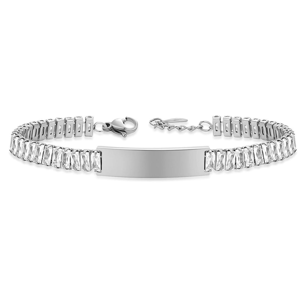 Custom Baguette Crystal Bracelet & Anklet, Personalized Laser Engraved Nameplate Jewelry (Customizable Name Engraving)
