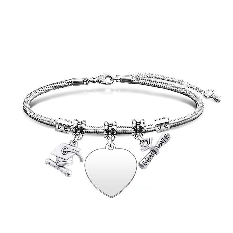 Custom Graduation Heart Charm Bracelet with Cap & Diploma Charms, Personalized Laser Engraved Name for Graduates