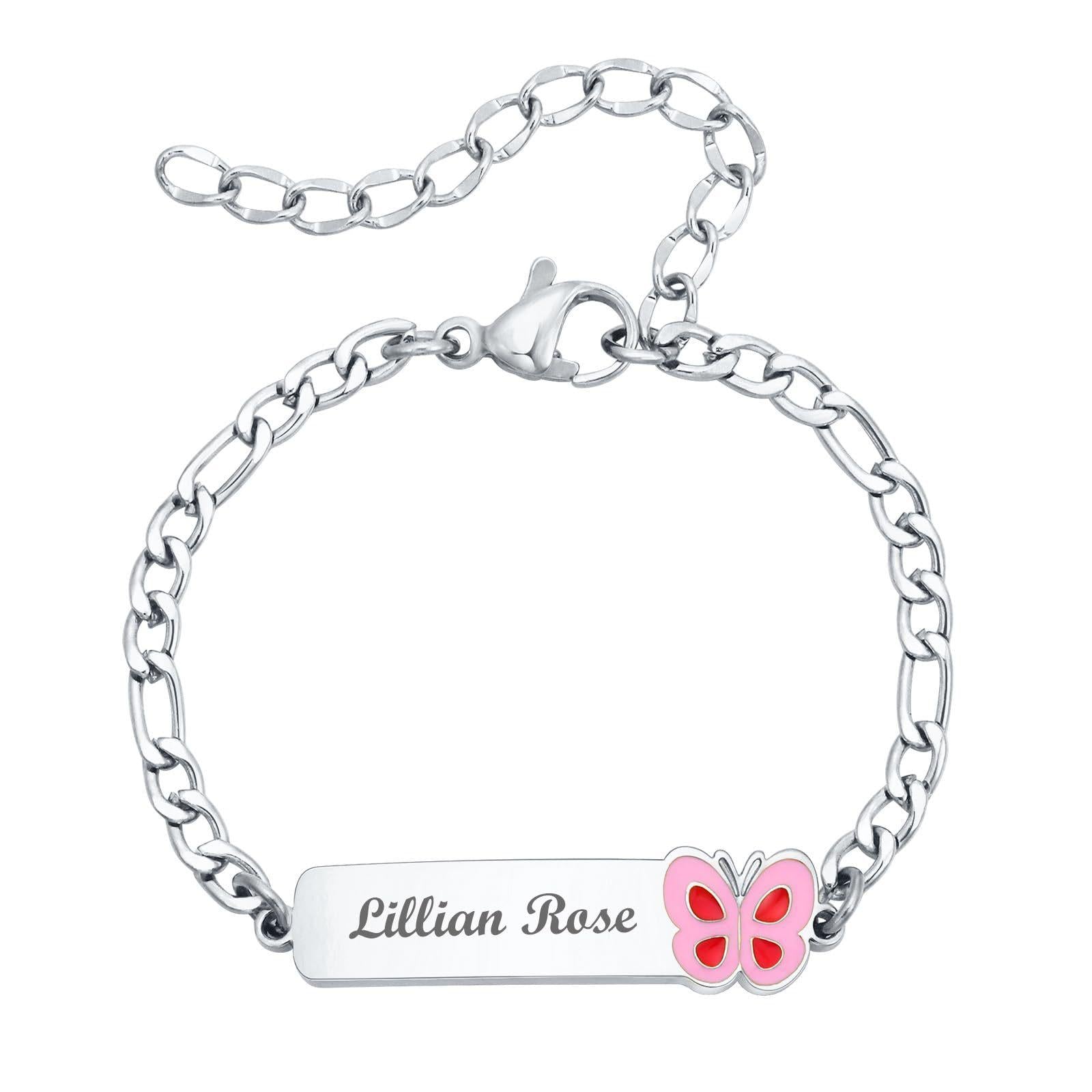 Custom Charm Bracelet (Butterfly/Unicorn/Soccer), Personalized Laser Engraved Name Bar Bracelet for Kids & Girls
