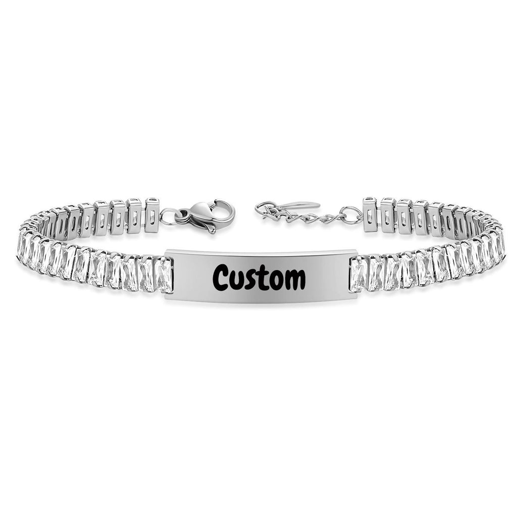 Custom Baguette Crystal Bracelet & Anklet, Personalized Laser Engraved Nameplate Jewelry (Customizable Name Engraving)