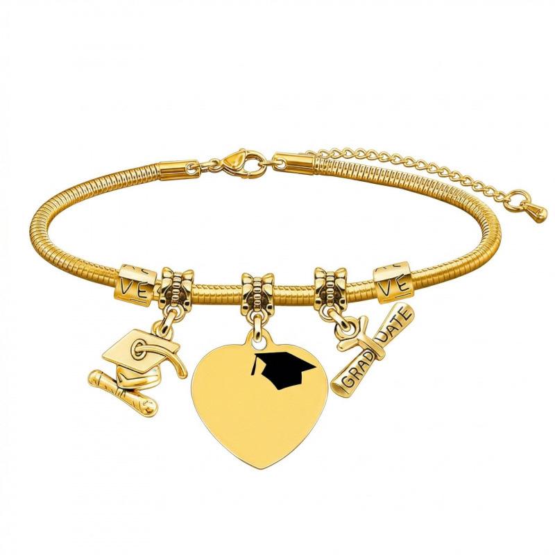 Custom Graduation Heart Charm Bracelet with Cap & Diploma Charms, Personalized Laser Engraved Name for Graduates