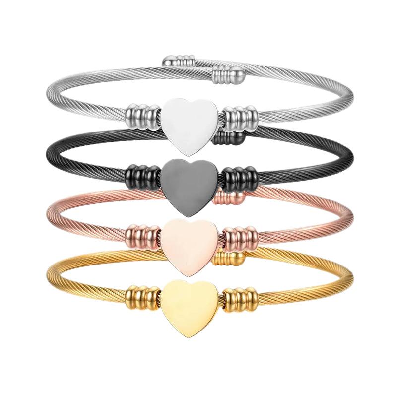 Custom Heart Cable Bangle Bracelet, Personalized Laser Engraved Name/Initials Jewelry for Women, Best Friend & Family