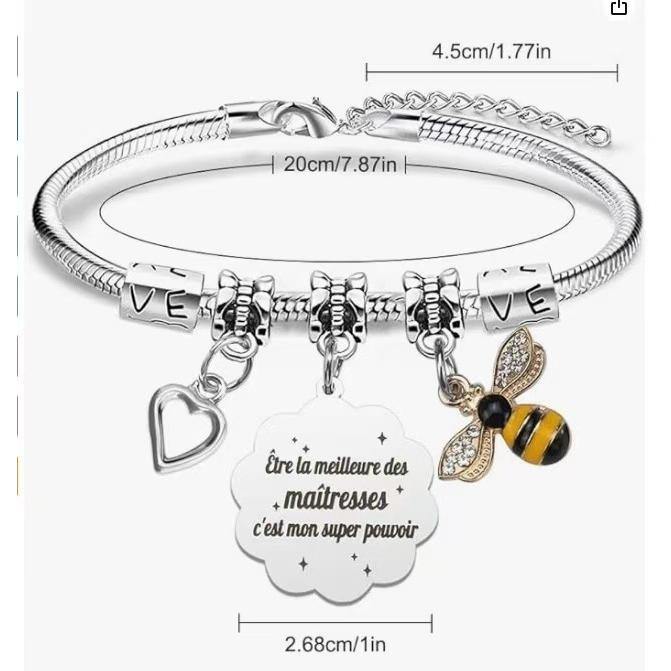 Custom Personalized Charm Bracelet, Engraved Pendant with Heart/Apple/Bee/Butterfly for Teacher & Inspirational Gift