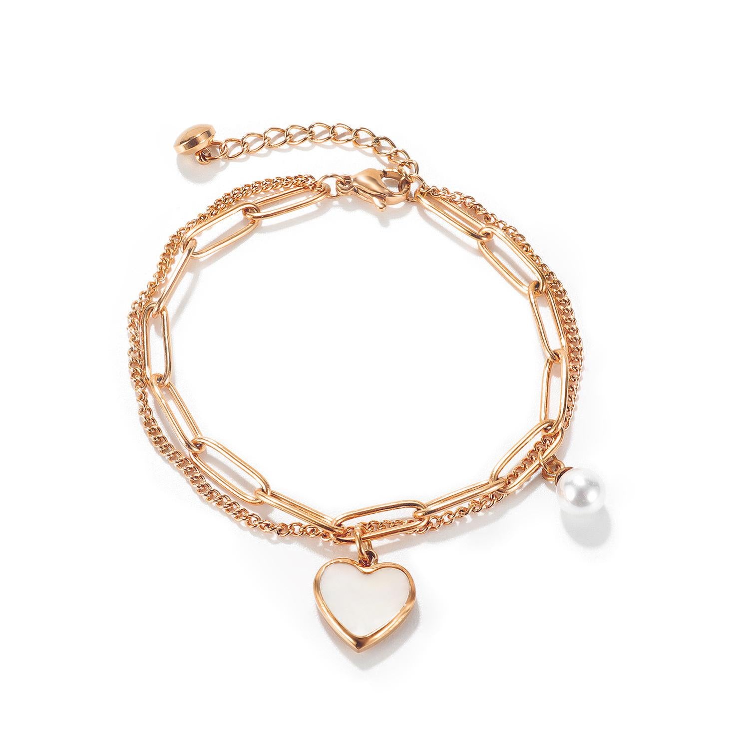 Custom Heart & Pearl Double Layer Chain Bracelet/Anklet, Personalized Laser Engraved Name Jewelry