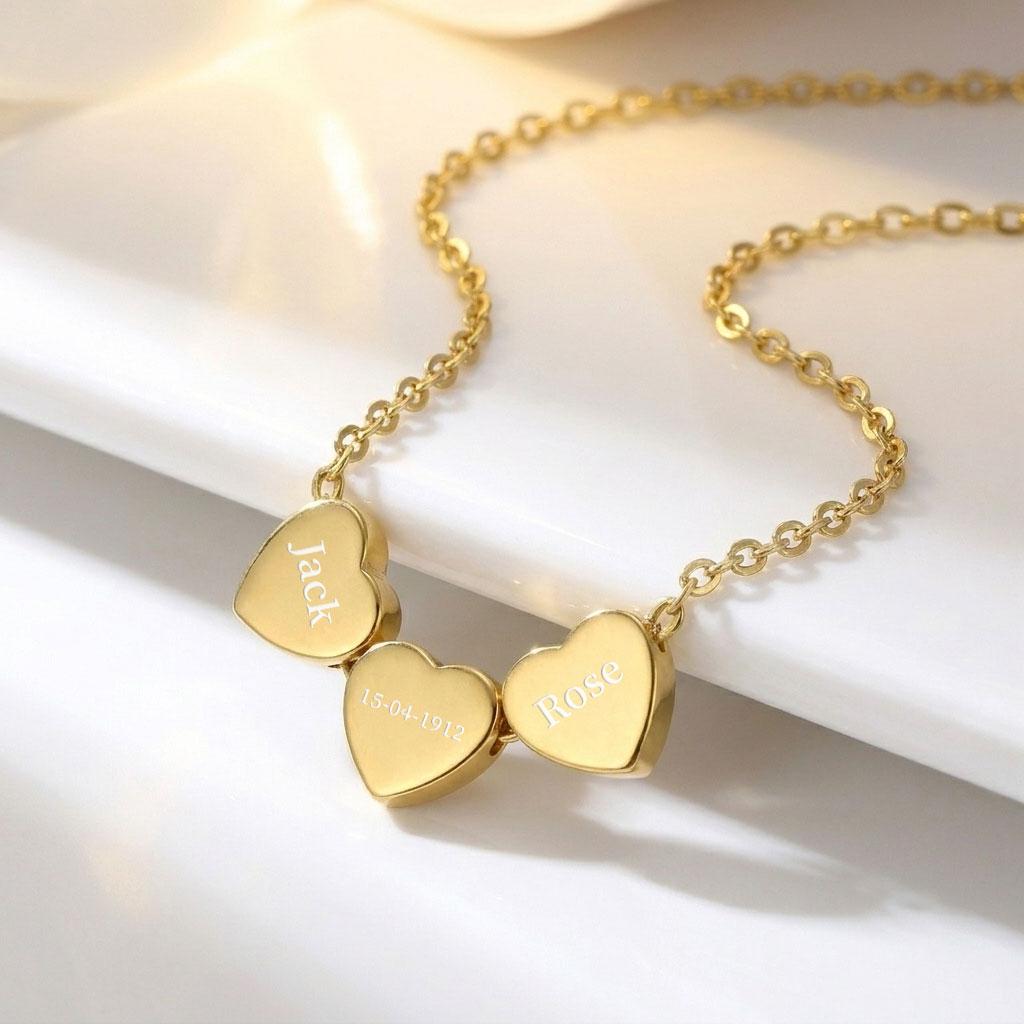 Custom Three Hearts Engraved Name Necklace ️
