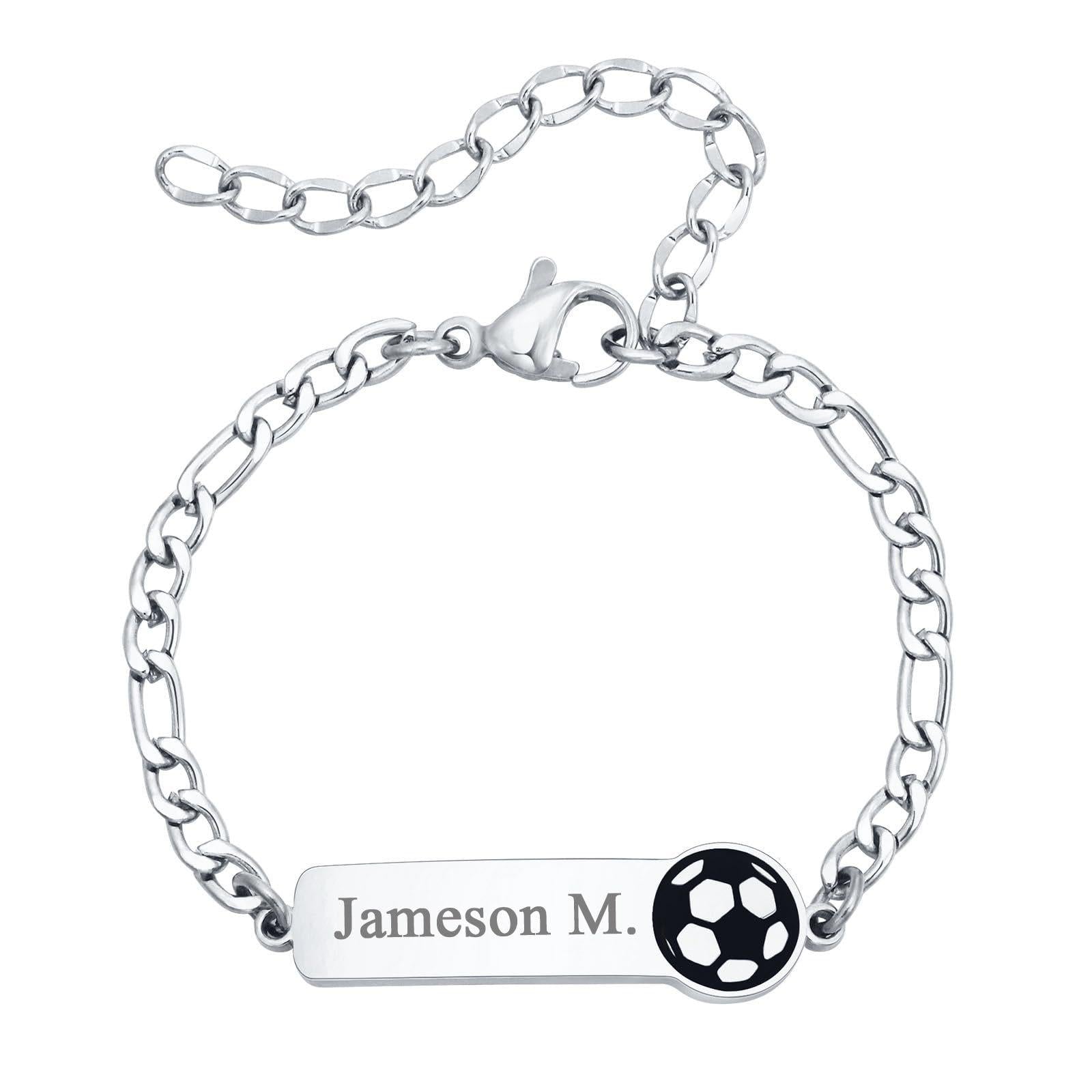 Custom Charm Bracelet (Butterfly/Unicorn/Soccer), Personalized Laser Engraved Name Bar Bracelet for Kids & Girls