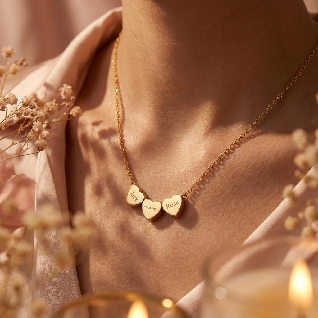 Custom Three Hearts Engraved Name Necklace ️