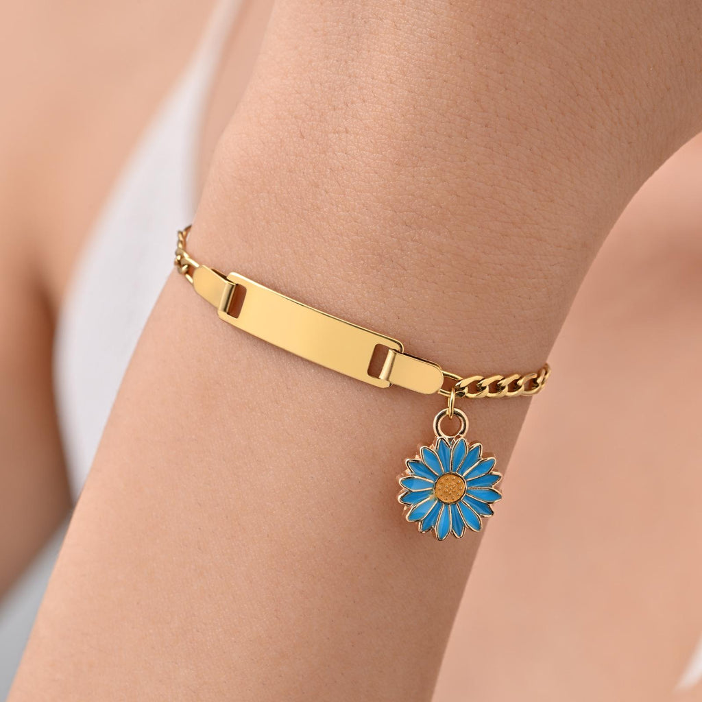 Custom Daisy Flower Charm Bracelet & Anklet, Personalized Laser Engraved Name Bar Jewelry for Women, Best Friend & Family