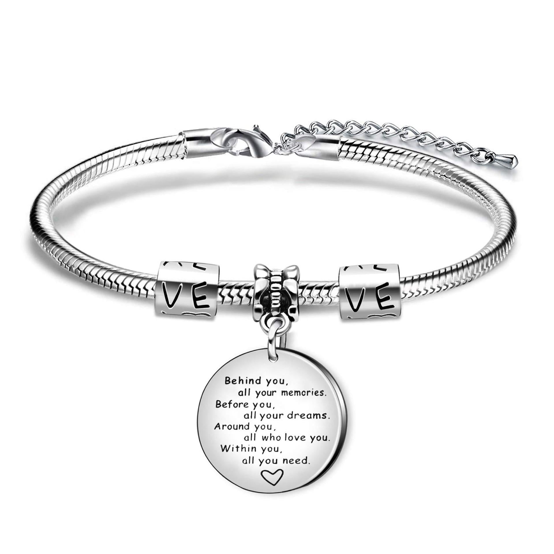 Custom Personalized Charm Bracelet, Engraved Pendant with Heart/Apple/Bee/Butterfly for Teacher & Inspirational Gift