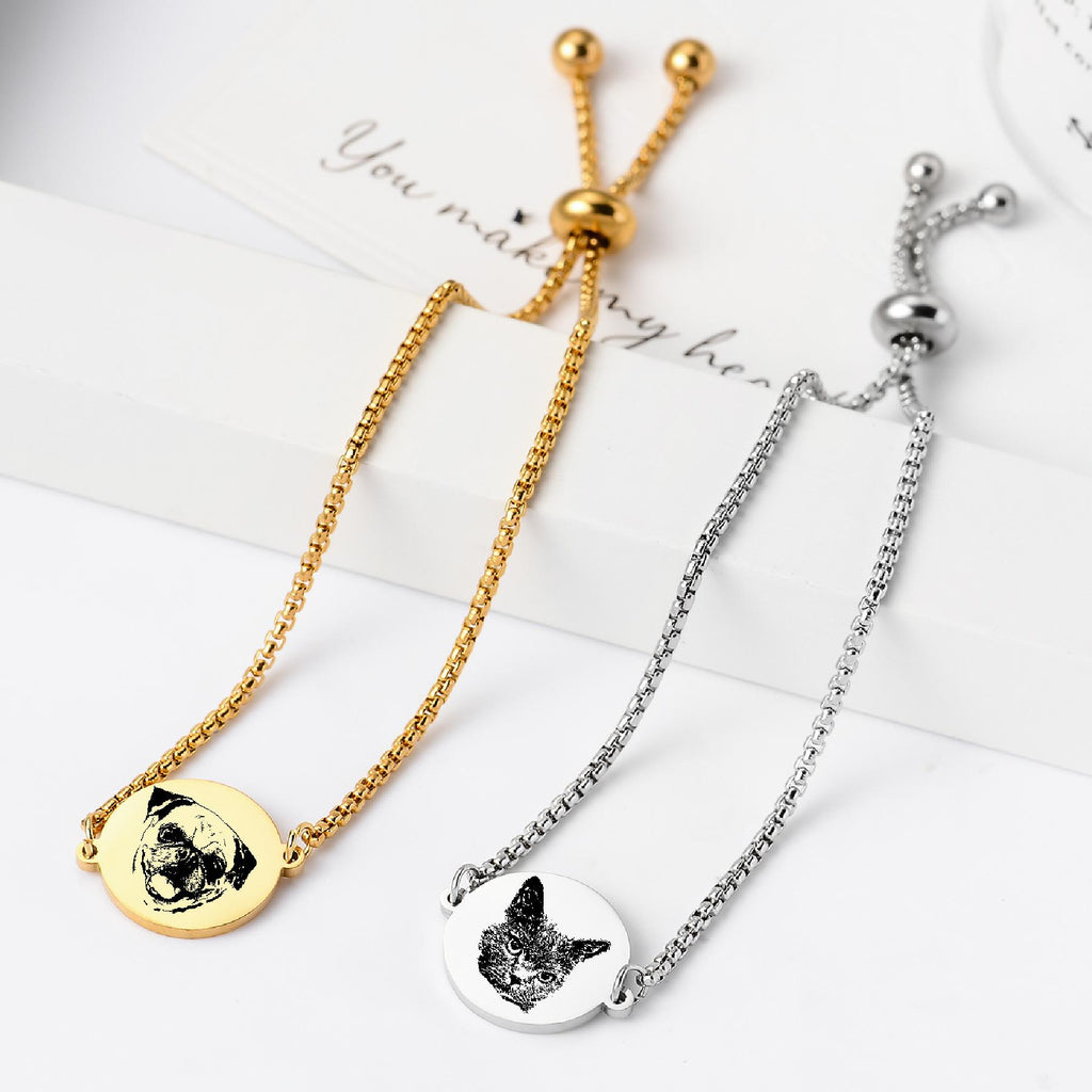Custom Pet Portrait Engraved Slider Bracelet, Personalized Laser Engraved Name Bracelet for Pet Lovers
