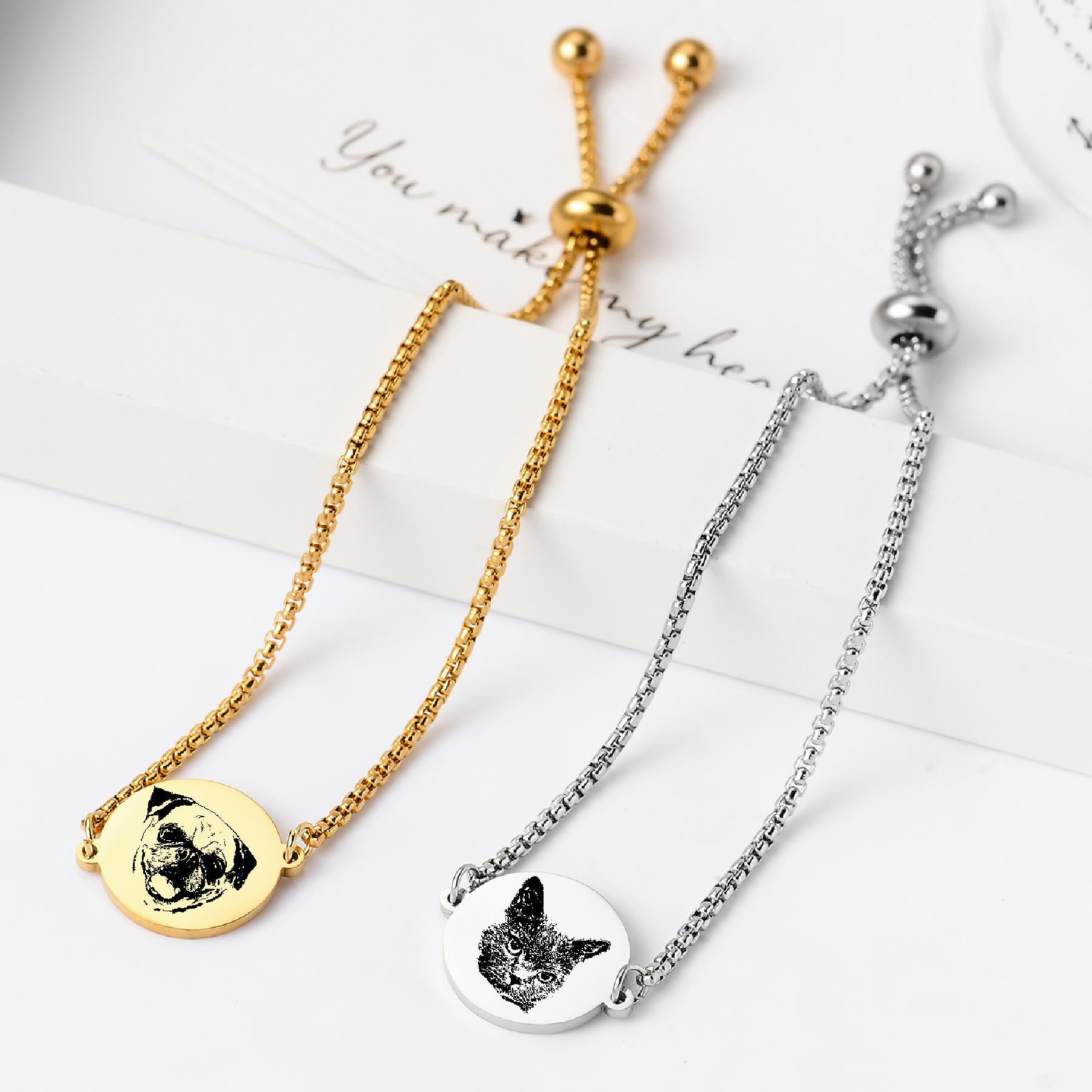 Custom Pet Portrait Engraved Slider Bracelet, Personalized Laser Engraved Name Bracelet for Pet Lovers