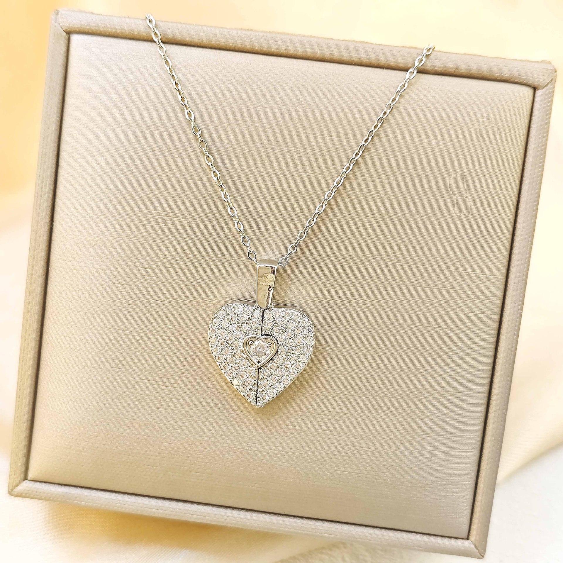 Custom Two - Piece Heart Crystal Necklace, Personalized Locket - Style Pendant for Lovers & Friends