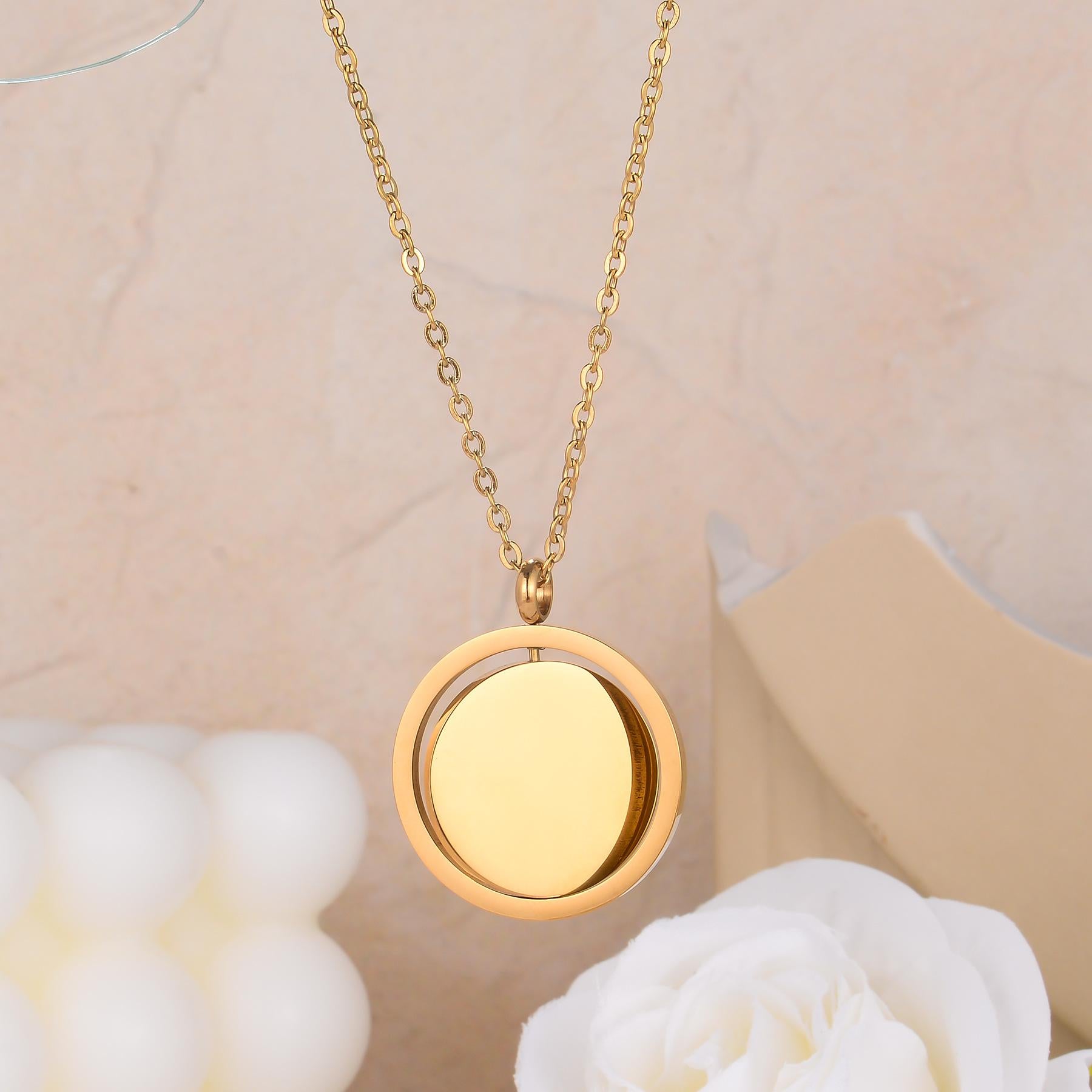 Custom Rotatable Round Pendant Necklace, Personalized Laser Engraved Name Jewelry for Women & Men, Ideal Gift for Family, Friends & Couples