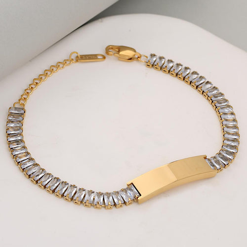 Custom Baguette Crystal Bracelet, Personalized Engraved Bar Bracelet for Women, Customizable Colorful Gemstone Chain Bracelet as Gift for Family & Friends