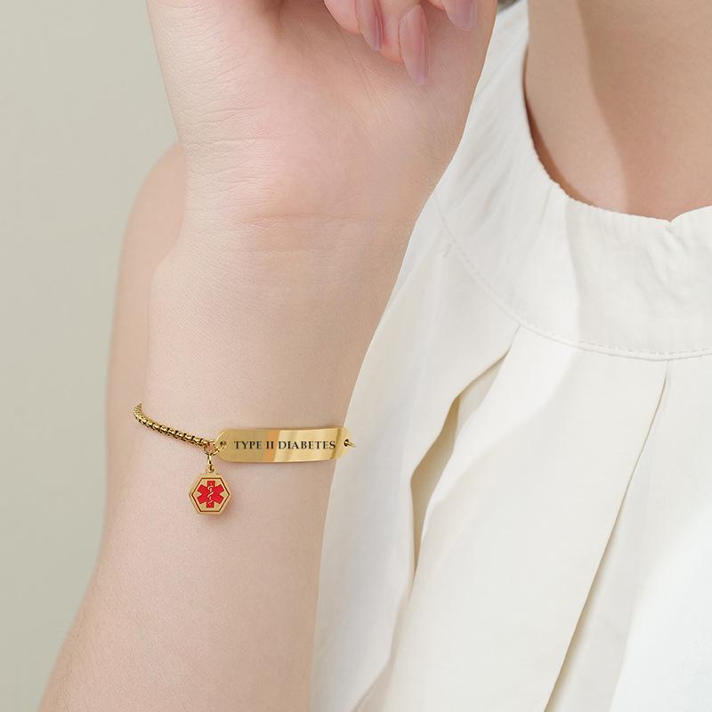 Custom Medical Alert Diabetes Bracelet, Personalized Type I/II Diabetes Adjustable Bolo Bracelet with Medical Symbol Charm