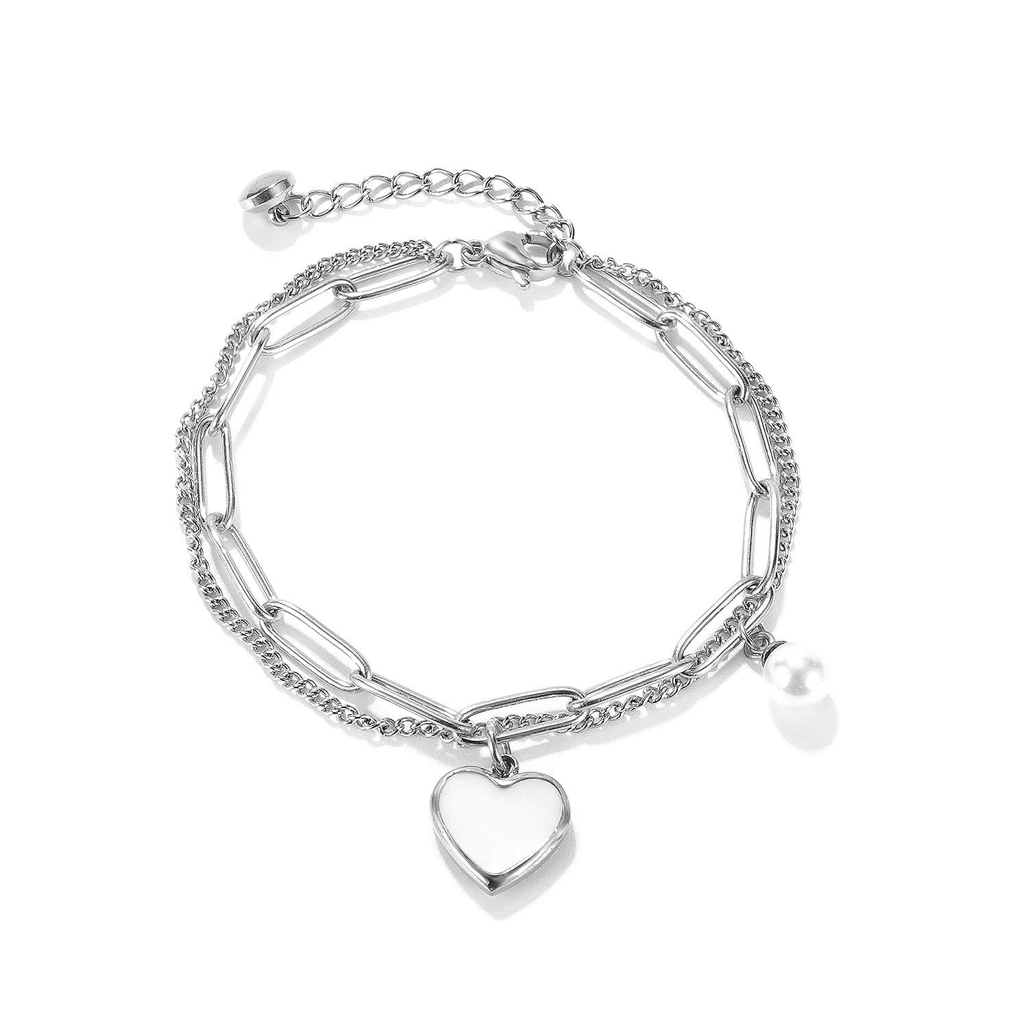 Custom Heart & Pearl Double Layer Chain Bracelet/Anklet, Personalized Laser Engraved Name Jewelry